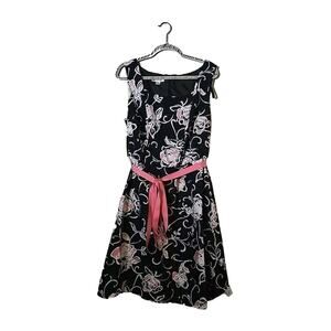 Dressbarn Black Floral Print Tie Waist Sleeveless Casual Dress Womans Size 18